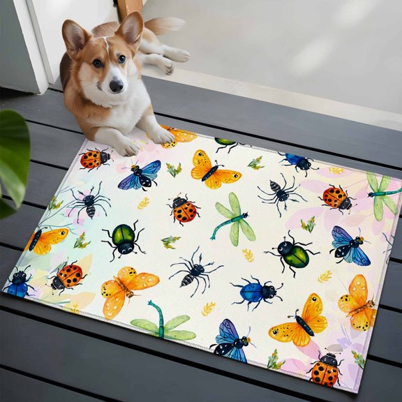 Insects Front Door Rugs 2x3 ft Colorful Butterfly Dragonfly Ladybird Bee Spiders Grass Small Rug for Entryway Non Slip Washable Bathroom Door Mat Absorbent Floor Mat for Indoor Entrance