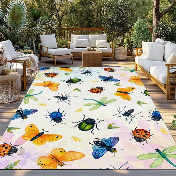 Insects Indoor Outdoor Rugs 3x5 Ft, Colorful Butterfly Dragonfly Ladybird Bee Spiders Grass Outdoor Patio Rugs Mat Washable Outside Area Rugs Carpet for Porch Deck RV Camping Pool Balcony Backyard
