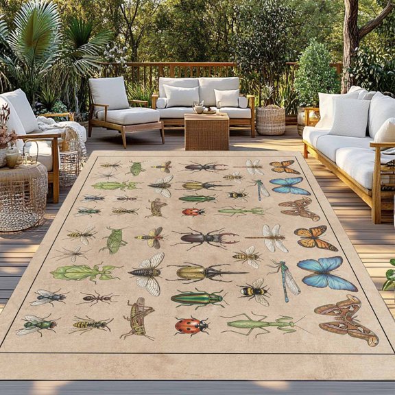 Insects Indoor Outdoor Rugs 5x7 Ft, Retro Butterfly Dragonfly Ladybug Beetle Linen Texture Outdoor Patio Rugs Mat Washable Outside Area Rugs Carpet for Porch Deck RV Camping Pool Balcony Backyard