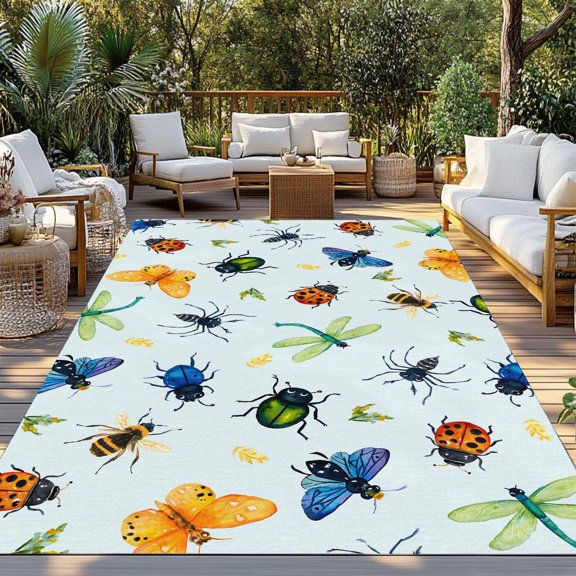 Insects Indoor Outdoor Rugs 5x8 Ft, Colorful Butterfly Dragonfly Ladybird Bee Spiders Light Blue Outdoor Patio Rugs Mat Washable Outside Area Rugs Carpet for Porch Deck RV Camping Pool Balcony