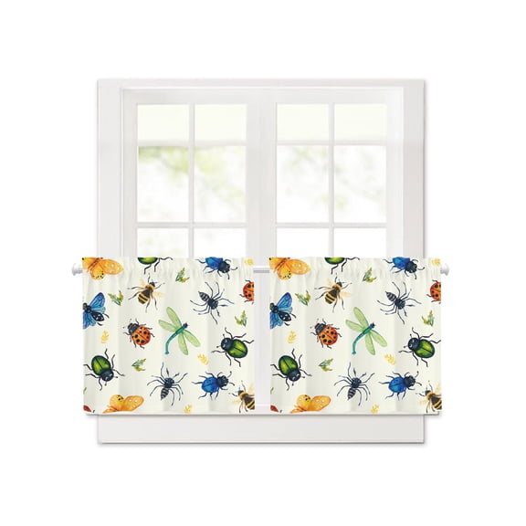 Insects Ladybirds Spiders Short Blackout Curtains 30 Inch Long,Dragonflies Butterflies Rod Pocket Kitchen Curtains,2 Panels Thermal Insulated Room Darkening Drapes for Bedroom,30"W x 30"L