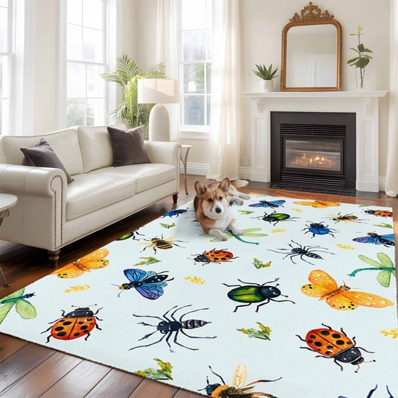 Insects Large Area Rugs 5x8 ft Colorful Butterfly Dragonfly Ladybird Bee Spiders Light Blue Washable Rug Non Slip Indoor Carpet Absorbent Floor Mat for Living Room Bedroom Dining Room