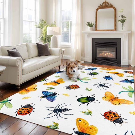 Insects Large Area Rugs 8x10 ft Colorful Butterfly Dragonfly Ladybird Bee Spiders Watercolor Washable Rug Non Slip Indoor Carpet Absorbent Floor Mat for Living Room Bedroom Dining Room