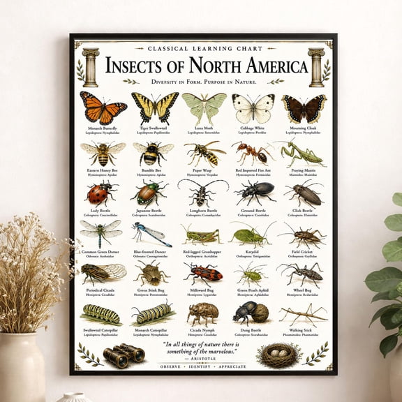 Insects Of North America Chart Wall Art Print Classical Learning Teacher Classroom Reference Homeschool Science Room Decor