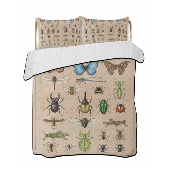 Insects Quilts Bedding Set Twin Size Retro Butterfly Dragonfly Ladybug Beetle Linen Texture Lightweight Quilted Bedspread 3 Piece Bed Quilt with 2 Pillow Shams All Season for Bedroom 68" x 86"