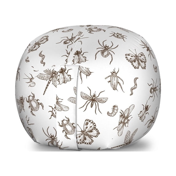 Insects Storage Toy Bag Chair, Repeating Pattern of Monochrome Various Entomological Creatures, Stuffed Animal Organizer Washable Bag, Small Size, Umber and White, by Ambesonne