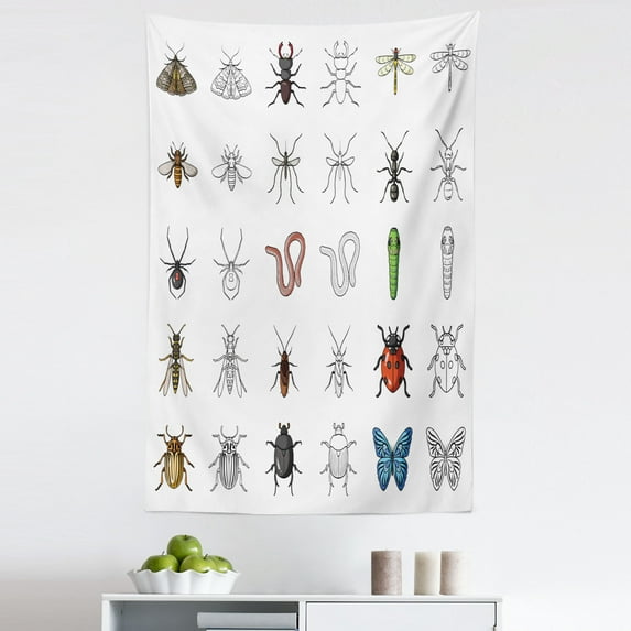 Insects Tapestry, Different Kinds of Insects Colored and Outline Designs on Plain Backdrop Print, Fabric Wall Hanging Decor for Bedroom Living Room Dorm, 5 Sizes, Multicolor, by Ambesonne