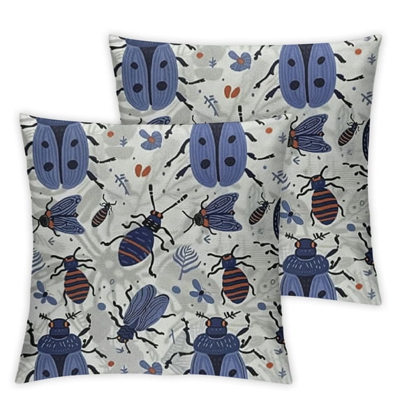 Insects Throw Pillow Cushion Case, Beetles and Bugs Doodle Ants of Leaves Nature Foliage Wildlife, Decorative Square Accent Pillow Cover,Dark Blue Ceil Blue