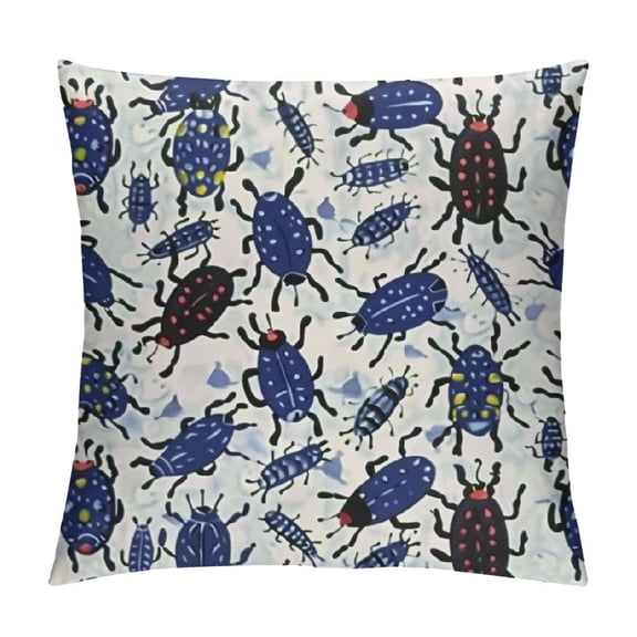 Insects Throw Pillow Cushion Cover, Beetles and Bugs Doodle Ants of Leaves Nature Foliage Childish Wildlife, Decorative Square Accent Pillow Case, Dark Blue Ceil Blue