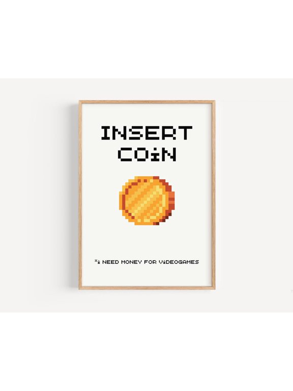 Insert Coin Wall Art Print, Retro Pixel Gaming And Arcade Room Decor