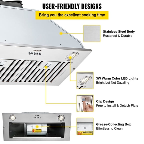 Insert Range Hood 800CFM 3 Speed 30 Inch Stainless Steel Built in Kitchen Vent with Push Button Control LED Lights Baffle Filters Ducted Ductless Convertible ETL Listed
