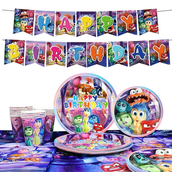 Inside Out Birthday Party Decoration Tableware Set, Inside Out Party Supplies Tableware Include Inside Out Table Cloth Banner Plates Napkins Cups, for Inside Out Birthday Party Decorations
