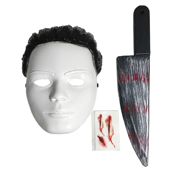Inside Out Killer Costume Accessory Kit With Mask Knife And Scar Tattoo Sticker