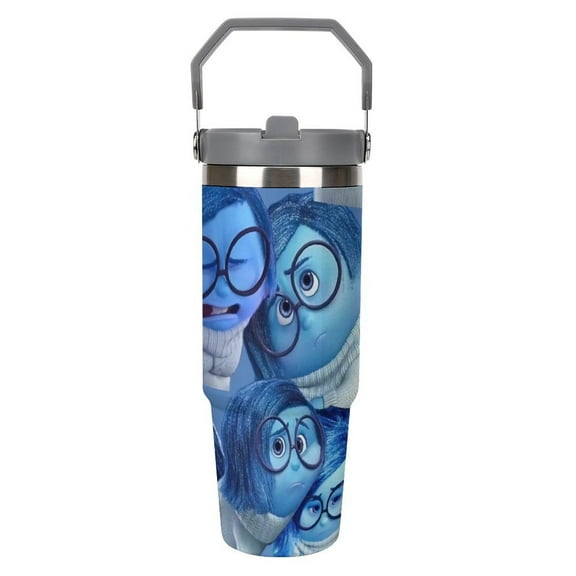 Inside Out Sadness Stainless Steel Tumbler Car Cup 30 Oz with Handles, Vacuum Insulated Water Bottle for Home, Office Reusable Cup with Straw Leak Resistant Flip