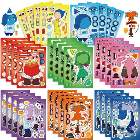 Inside Out Stickers DIY Kids Stickers with Changeable Faces Mixed & Matched with 8 Designed Characters Stickers for Party Decoration, Reward, Decor, Gift Idea 32pcs