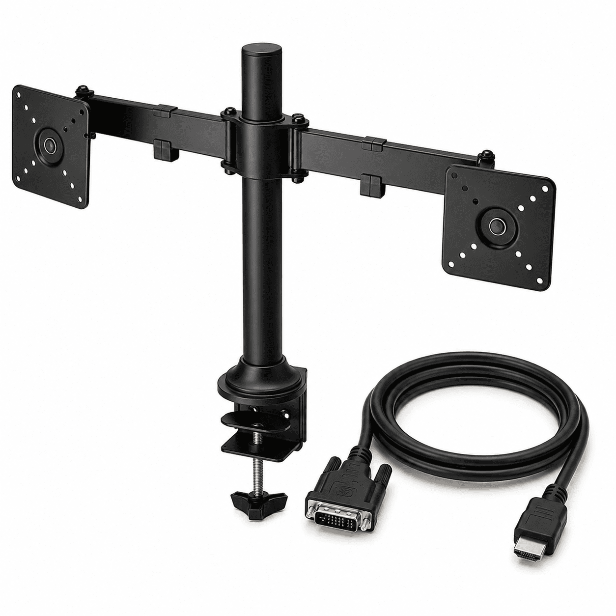 Insignia 32" Full-Motion Dual Monitor Mount Bundle with 6 ft HDMI to DVI Cable – Adjustable Desk Clamp Stand, Tilt/Swivel/Rotate, VESA Compatible (Black)