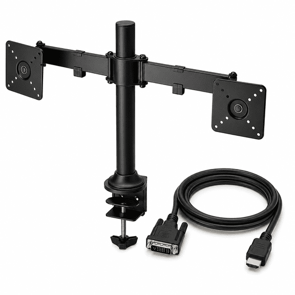 Insignia 32" Full-Motion Dual Monitor Mount Bundle with 6 ft HDMI to DVI Cable  Adjustable Desk Clamp Stand, Tilt/Swivel/Rotate, VESA Compatible (Black)