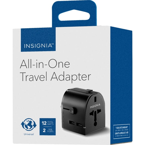 Insignia All-in-One Travel Adapter with 12W USB Ports and thermal fuse for Universal Sockets in UK, EU, Australia, China, and North America