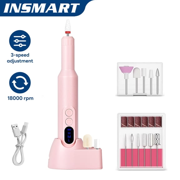 INSMART Portable Electric Nail Drill with Base, Manicure Pedicure Polishing Shape Tools for Nair Care Beauty, Home Salon Use, Pink