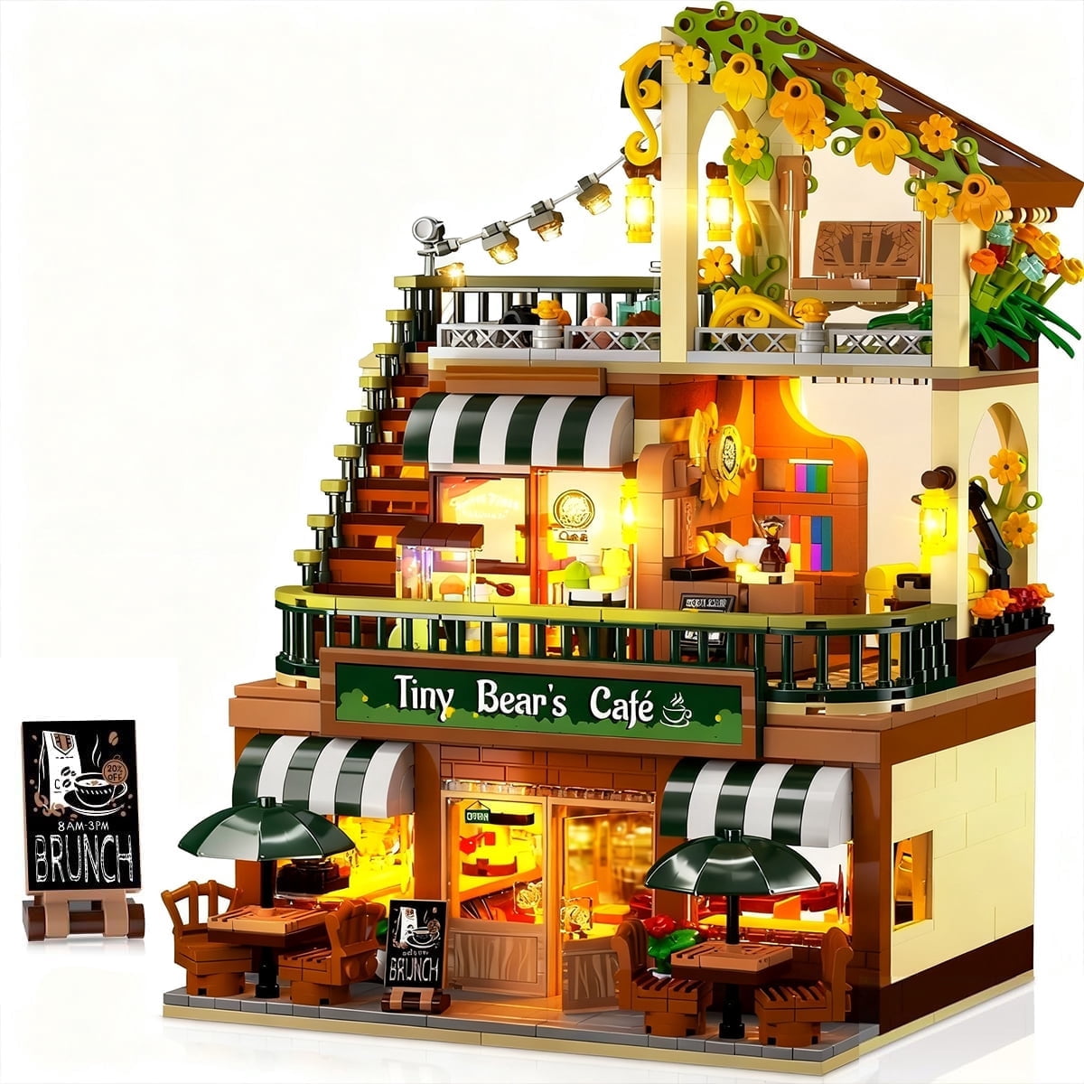 Insoon City Coffee House Building Set with Light, 1173 PCS Cafe Shop Building Block Toy for Adults Teens Kids Ages 6-12+