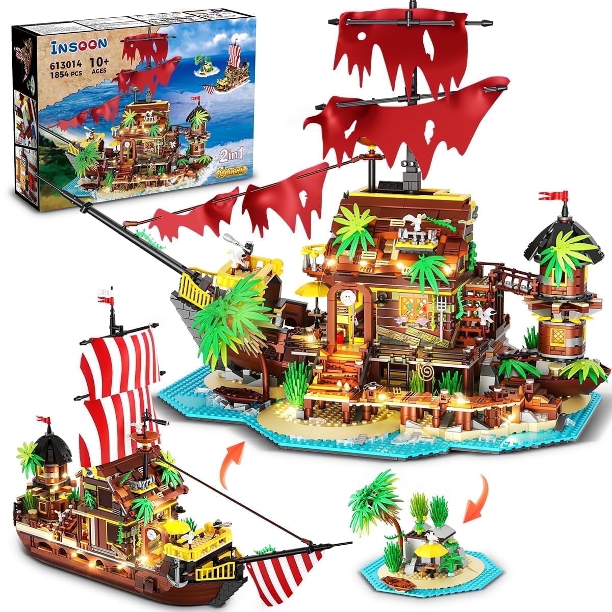 INSOON 1502 Piece Pirate Castle Building Set with LED Lights 3 Modes Transformable Ship Bay Model for Adults Teens Kids 10