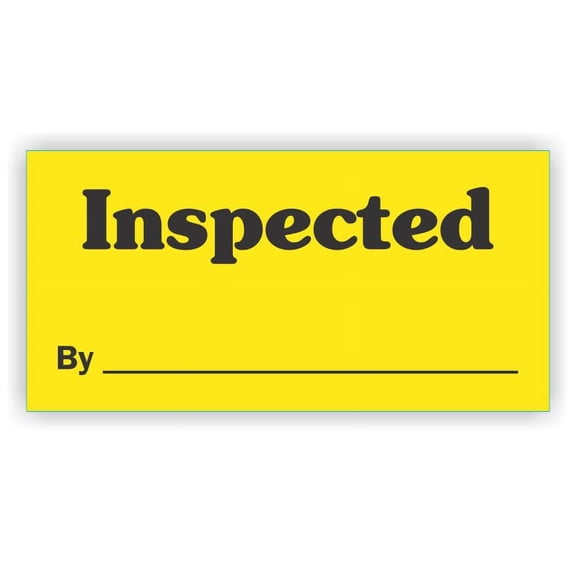 "Inspected By _______" Stick-on Labels, 1.25" x 2.5", Bold Black on Yellow, Dispenser Box - 1,000 Labels