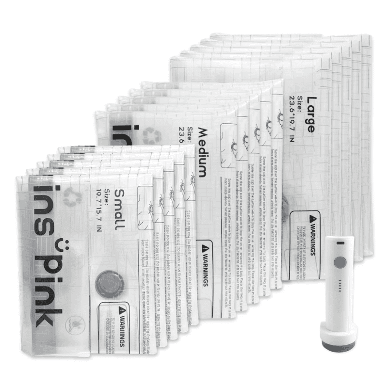 Inspink 15-Pack Cordless Vacuum Compression Bags Set with 25W USB Rechargeable Handheld Pump for Clothes Storage Space Saver Bags Ideal for Carry-On Suitcases Organiser, travel Essential