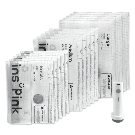 Inspink 15-Pack Cordless Vacuum Compression Bags Set with 25W USB Rechargeable Handheld Pump for Clothes Storage Space Saver Bags Ideal for Carry-On Suitcases Organiser, travel Essential