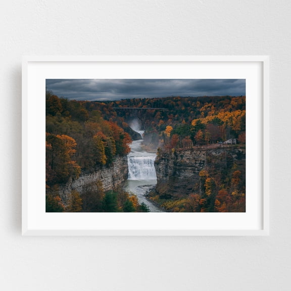 Inspiration Point, Letchworth - Castile New York Photography Waterfall Autumn Landscape Nature Scenic Bridge Forest White Framed Wall Art Print 5 x 7 inches