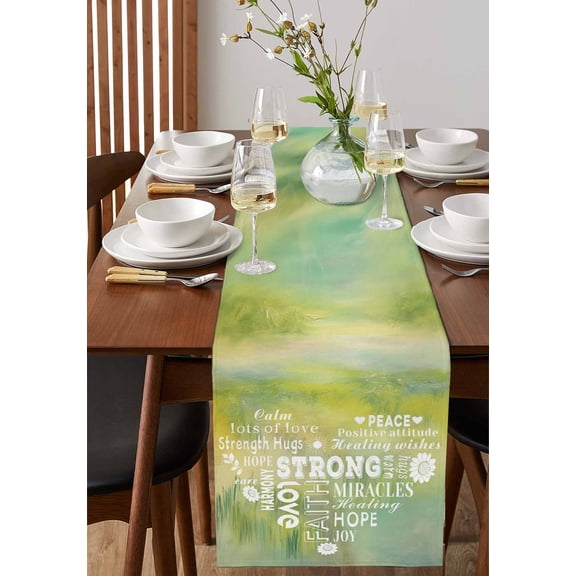 Inspiration Quotes Heart Shaped Table Runner 13x36in Non-Slip Cotton Linen Table Runners, Watercolor Tie-Dye Gradient Dresser Scarves TableRunner for Dinner Kitchen Dining Wedding Party