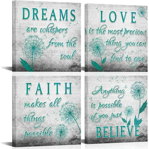 Inspiration Quotes Love Dream Faith Believe Dandelion Canvas Wall Art Motivational Poster Bathroom Flower Pictures Teal Artwork for Living Room Home Wall Decor Ready to Hang 12"x12"x4pcs