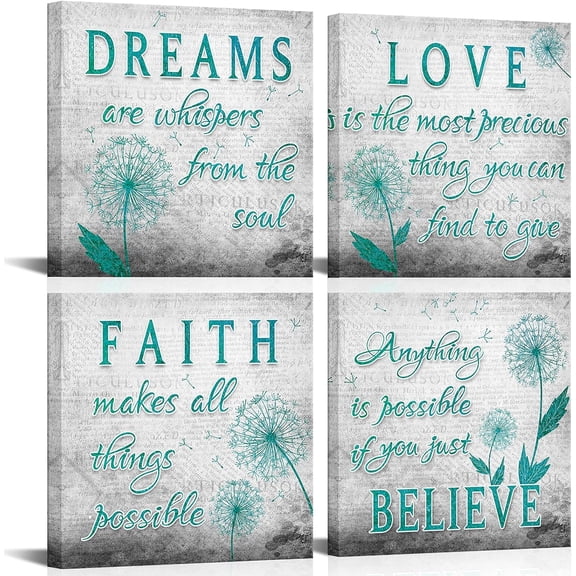 Inspiration Quotes Love Dream Faith Believe Dandelion Canvas Wall Art Motivational Poster Bathroom Flower Pictures Teal Artwork for Living Room Home Wall Decor Ready to Hang 12"x12"x4pcs