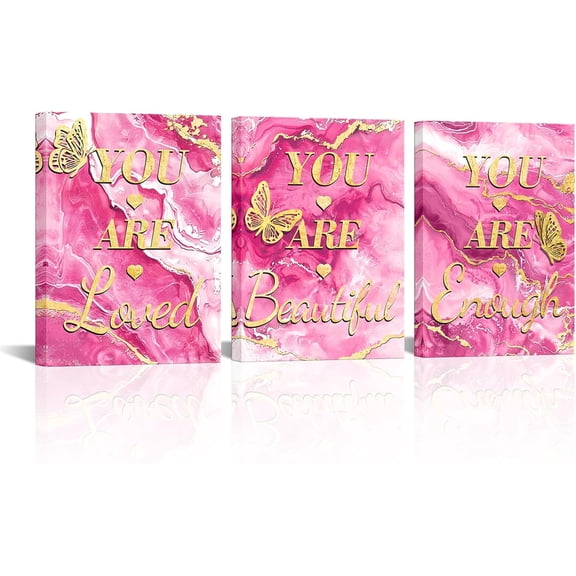 Inspiration Wall Decor You Are Loved/Beautiful/Enough Sign Painting for Girl Women Bedroom Pink and Gold Marble Pictures (Pink)