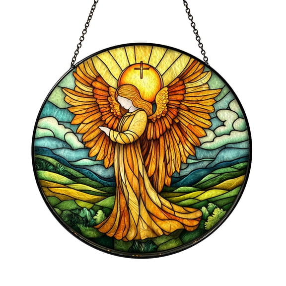Inspirational Angel Stained Glass Window Panel – Cross Design with Radiant Warm Tones, Elegant Religious Home Decor