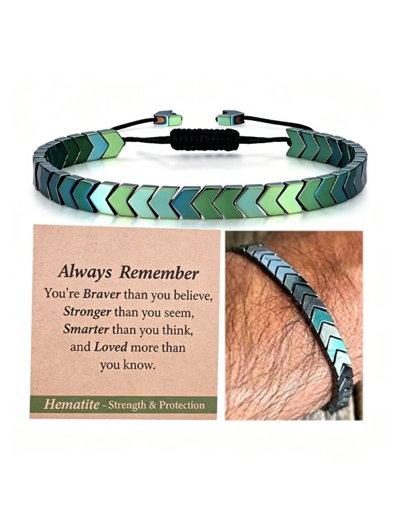 Inspirational Arrow Beaded Bracelet with Adjustable Cord and Message Card, Green and Teal Chevron Wristband, Meaningful Strength and Encouragement Gift