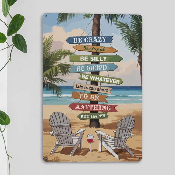 Inspirational Be Happy Beach Tin Sign, Retro Tropical Metal Wall Decor, Motivational Quote Art for Home Patio Porch, 8 x 12 Inch