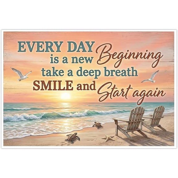 Inspirational Beach Canvas Wall Art Ocean Sunset Poster Coastal Decor Motivational Quote Sea Turtle Picture Every Day Is a New Beginning Home Bedroom Bathroom
