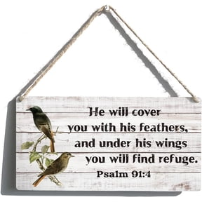 Inspirational Bible Gift Signs He Will Cover You With His Feathers Wooden Hanging Sign Religious Scripture Art Wall Home Decoration 10x5 Inch