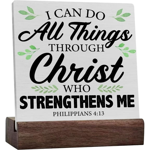 Inspirational Bible Verse Ceramic Table Sign Christian Desk Decor, Rustic Philippians 4:13 Scriptures Wood Sign Home Office Religious Tabletop Shelf Desk Decoration