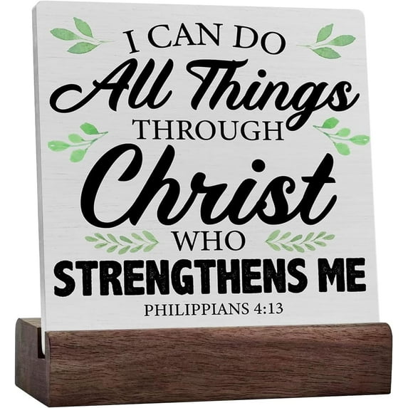 Inspirational Bible Verse Ceramic Table Sign Christian Desk Decor, Rustic Philippians 4:13 Scriptures Wood Sign Home Office Religious Tabletop Shelf Desk Decoration