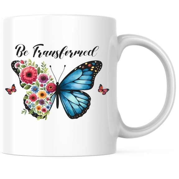 Inspirational Bible Verse Coffee Mug - Floral And Butterfly Design - Be Transformed Romans 12 2 Mug - 11 Ounce Ceramic Cup - Premium Ceramic - Design Printed On Both Sides - BMCM02834