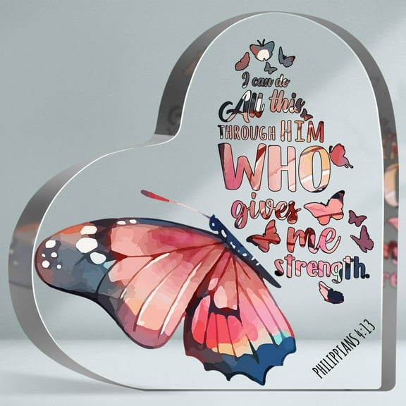 Inspirational Bible Verse Decor Gifts for Women Men, I Can Do All This Through Him Who Gives Me Strength Acrylic Keepsake, Butterfly Decor Acrylic Sign, Home Bedroom Tabletop Decorative