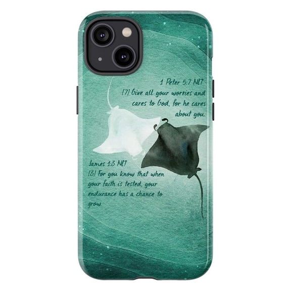Inspirational Bible Verse Phone Case, Watercolor Stingray Design, Faith-Based Artistic Protective Cover for iPhone 16 15 14 13 12 11 Pro Plus Mini