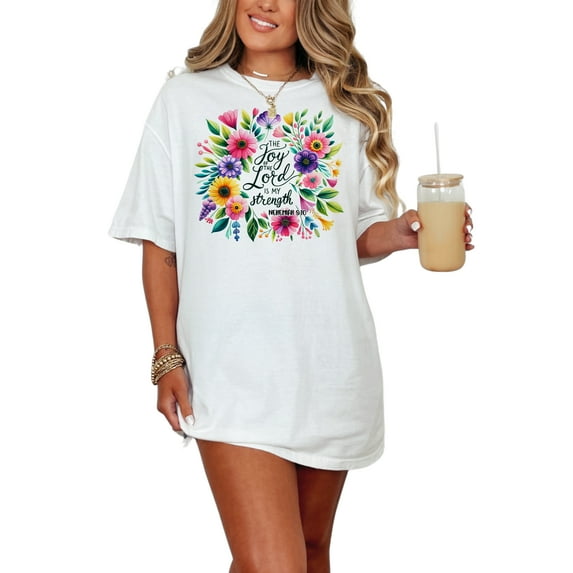 Inspirational Bible Verse T-Shirt, The Joy of the Lord is My Strength, Christian Faith Tee, Colorful Floral Design, Religious Gift, White Comfort Colors T-Shirt, Small