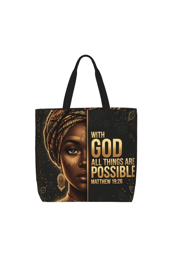 Inspirational Bible Verse Tote Bag for Black Women, Large Capacity Polyester Zipper Reusable Bag, African American Art "With God All Things Are Possible" Christian Faith Design