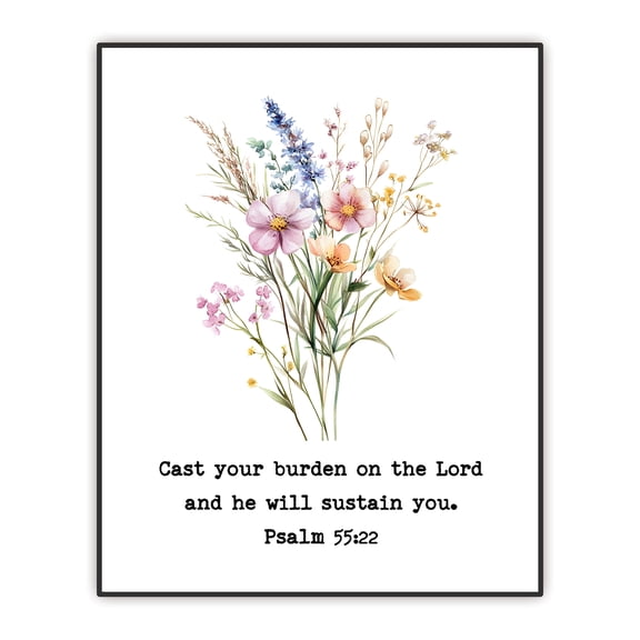 Inspirational Bible Verse Wall Art, Psalm 55:22 Quote, Floral Watercolor Design, Christian Scripture Print, Minimalist Home Decor, Unframed Print 8"X10"
