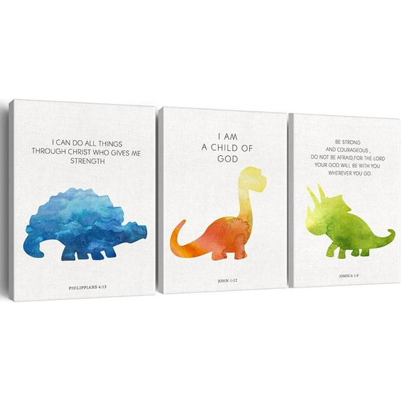 Inspirational Bible Verse Wall Decor Kids Dinosaur Scripture poster Painting Pictures, Set of 3 Watercolor Dino Nursery poster Prints Christian Artwork Ready to Hang Home Decor