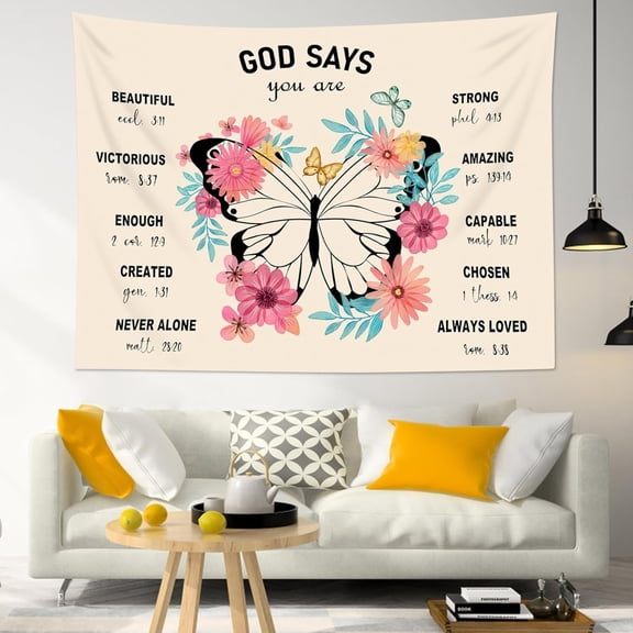 Inspirational Bible Verse Wall Tapestry with Butterfly and Pink Floral Design, Beige Background, 60 x 40 Inch Hanging Decor for Bedroom or Living Room