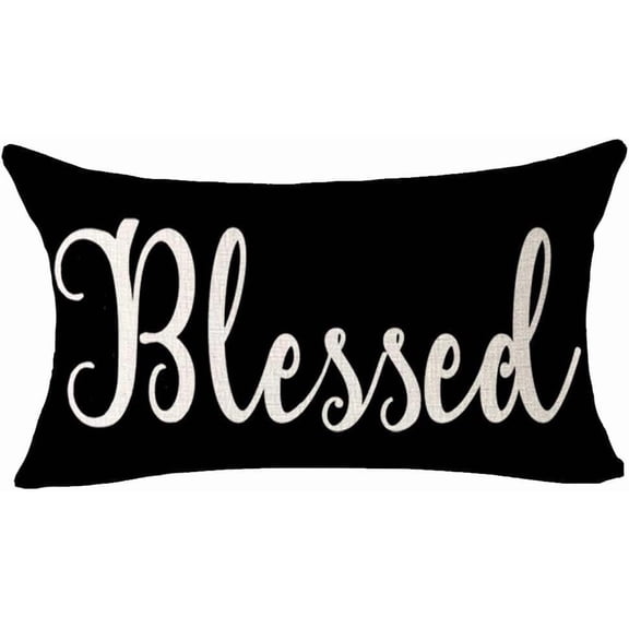 Inspirational Birthday Gift Pillow Cover Blessed Words Waist Cotton Linen Black Lumbar Throw Pillow Case Cushion Cover for Sofa Home Decor Celebrate with Meaningful Messages (Black)