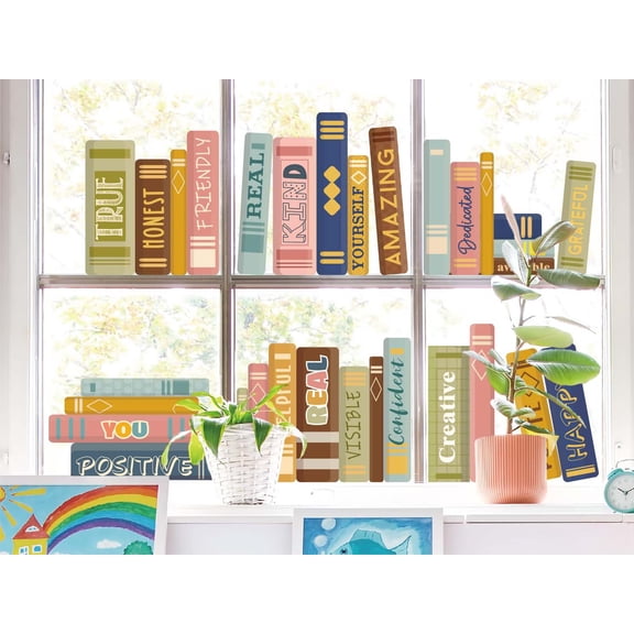 Inspirational Book Window Stickers Double Sided Clings for Nursery Library Study Room Glass Decoration, 6 Sheets, Multicolor